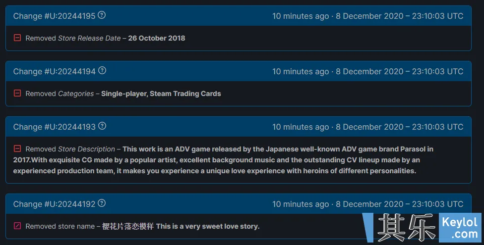 SteamDB显示被ban的《樱花片落恋模样》